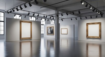 Obraz premium Modern art gallery interior with empty frames and overhead lighting