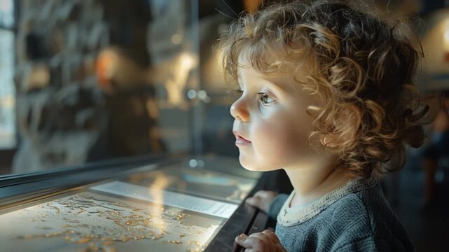 Curious, curly-haired child stands amidst dim museum lighting, gazing wonder at historical artifacts on display, demonstrating role exhibits in sparking young minds through culture history education