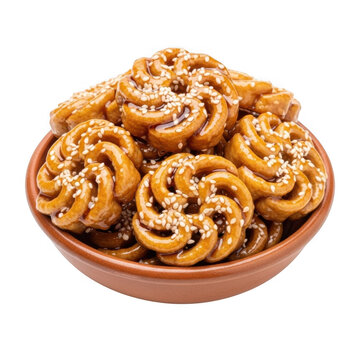 Sweet fried dough twists sesame seeds brown glaze dessert snack pastry traditional food bowl isolated on white