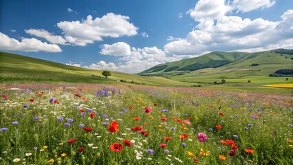 Obraz premium A vibrant field of colorful wildflowers under a bright blue sky with fluffy white clouds