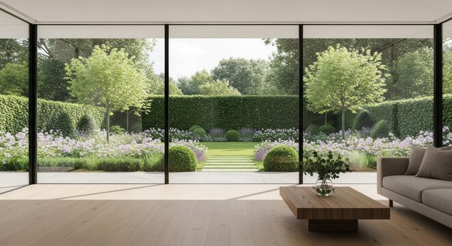 Modern interior view of garden through large windows with greenery