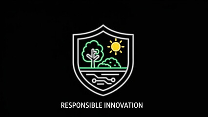 Fototapeta premium Black line art of digital shield containing tree and sun ecosystem, responsible innovation concept