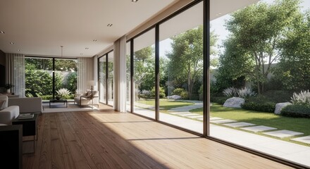 Fototapeta premium Modern interior with large windows and a view of the backyard garden