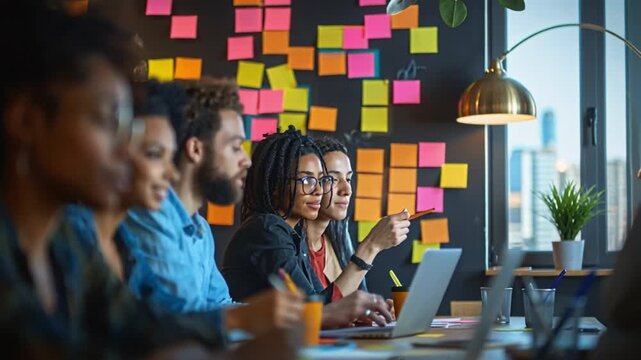 Diverse group of experts assemble in modern, well-lit workspace adorned with vibrant orange highlights, engaging in an interactive collaboration and brainstorming process to foster innovative teamwork