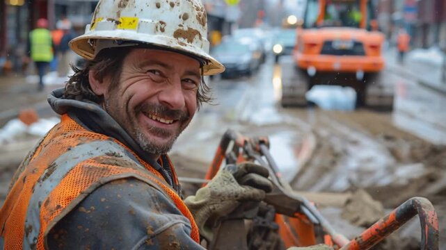 Dirty construction worker grins while operating heavy machinery at bustling urban construction site, surrounded mud snowflakes falling from above, contrasting dirt-covered worksite winter atmosphere