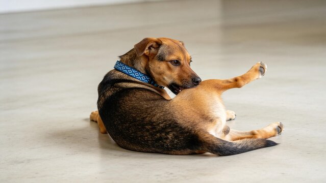 Brown mixed breed dog scratching and grooming itself on floor indoors,pet health care concept,canine hygiene behavior,adorable domestic animal resting at home