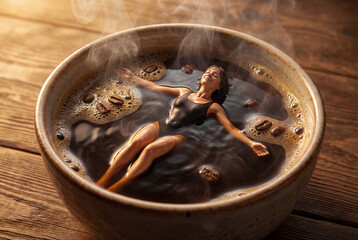 Fototapeta premium Surreal miniature woman in a swimsuit floating in a steaming cup of hot coffee with roasted beans