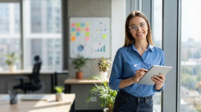 Professional woman standing by window with digital tablet