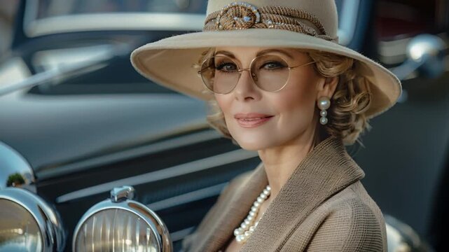 Elegantly dressed in vintage attire, stylish woman with wide-brimmed hat and trendy sunglasses poses near classic automobile at outdoor event, captivating onlookers with her sophisticated appearance