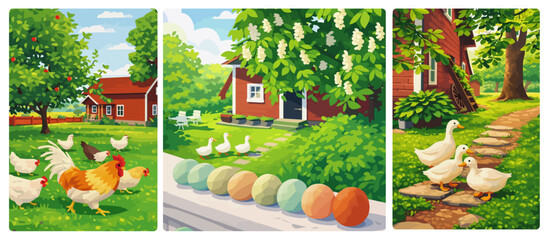 triptych illustration of a farm with chickens, ducks, colorful eggs, and red barns © hill