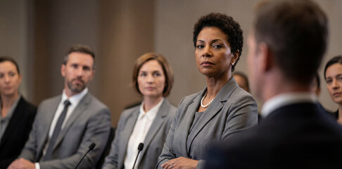 Obraz premium Serious businesswoman in a grey suit listening intently at a conference table with microphones, surrounded by colleagues during a formal hearing