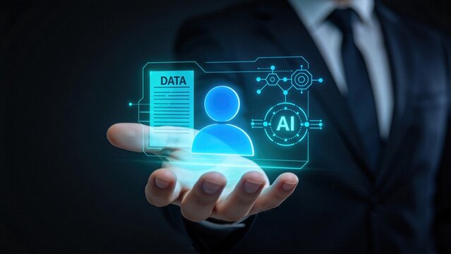 Business professional holding virtual AI interface with data analytics dashboard and digital user icon,artificial intelligence technology concept for innovation and transformation