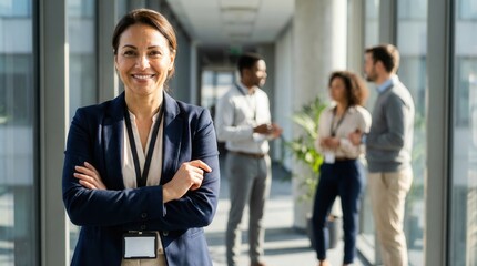 Professional woman wearing blazer and lanyard indoors