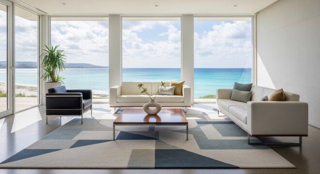 Modern living room with ocean view offers relaxation and tranquility