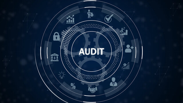 Detailed circular digital interface with gears and illustrating audit processes and financial oversight on a dark blue background