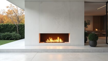 Modern concrete house features sleek fireplace with burning flames. Outside view shows green garden with autumn trees. Minimalist architecture provides warm ambiance inside.