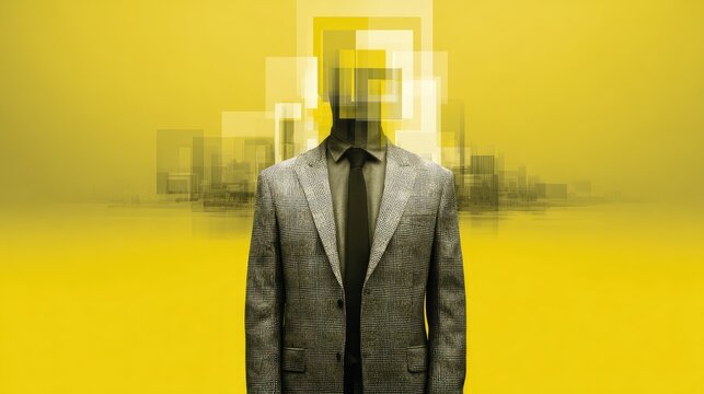 Digital Identity: Abstract Modern Art of a Person with Pixelated Head in Yellow and Gray