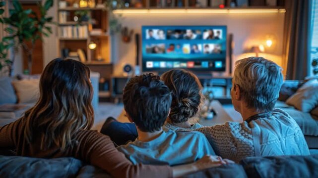 Four family members snuggle up on sofa in their cozy, warmly lit living room, fully engaged in movie on screen, savoring comfort and entertainment together, enjoying quality time as united family unit