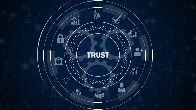 Futuristic digital interface displaying the word TRUST in a central gear mechanism surrounded by various business and security on a dark blue background