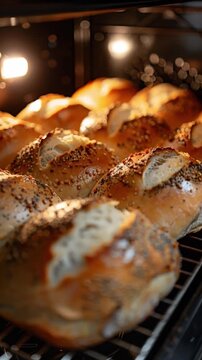Freshly baked bread loaves, adorned golden crust sprinkled seeds, fill warm bakery oven. Soft, warm light highlights their various textures enticing shapes as they bake to perfection by skilled baker