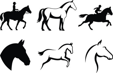 Minimalist horse silhouette collection, equestrian rider jumping running stallion head vector black illustration set