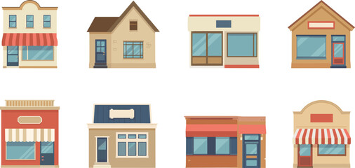 Set of 8 minimalist small town storefront icons, retail shop facades and local business buildings flat vector