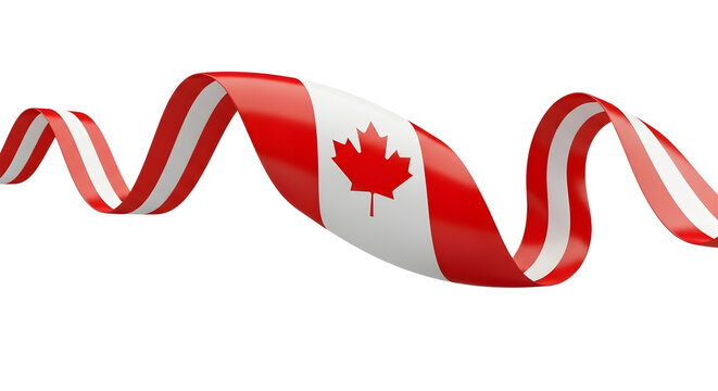 Red and White Maple Leaf Ribbon Representing the Canadian Flag Flowing in a Curve Against a Black Background