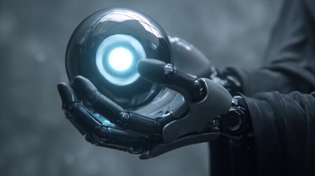 Robotic hand holding glowing orb futuristic technology concept