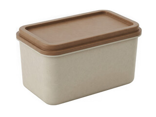 Beige rectangular plastic storage container with brown lid isolated transparent background