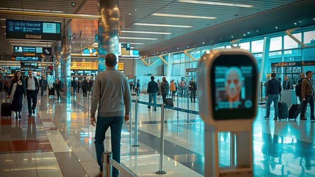 In a bustling airport, a sophisticated facial recognition system is deployed to rapidly authenticate travelers, optimizing check-in and boarding while bolstering security