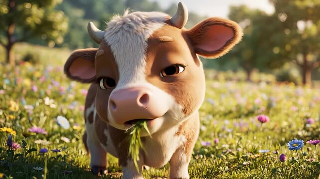 A young cow stands in a vibrant field filled with flowers. The cow curiously explores its surroundings while munching on grass in this sunny meadow.