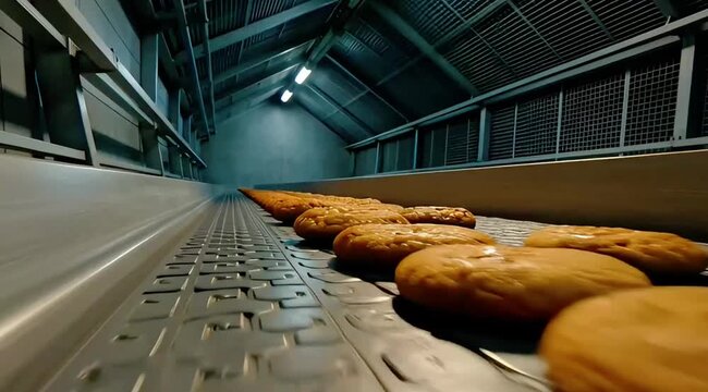 Freshly baked golden brown cookies moving on an automated conveyor belt in an industrial food production line