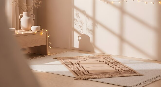 Serene Prayer Rug in Warm Sunlight - A Peaceful Interior Scene.