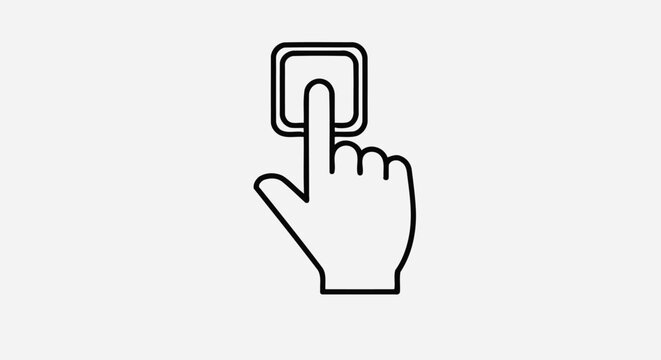 Line art illustration of a human hand with an index finger pressing a square button, representing interaction or a click.