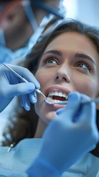 In a contemporary dental clinic, a dentist utilizes a mirror and advanced equipment to thoroughly inspect a patient's dental structure while they sit in a dental chair