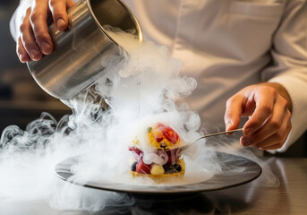 Chef presenting a dish with smoke coming out of it on a plate carefully