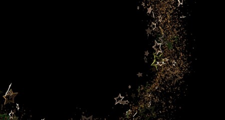 Abstract design of star particles with gold accents on a black background, ideal for festive designs, celebrations, and