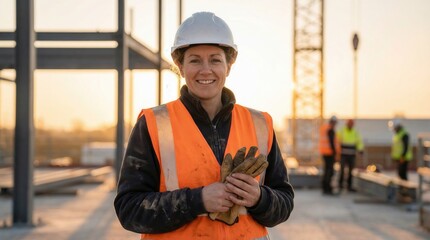 Worker in Hard Hat Holding Gloves at Construction Area