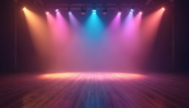 Stage spotlight illuminates wooden floor with warm orange and vibrant pink purple blue lights. Empty theater stage sets mood for showtime performance or concert event.