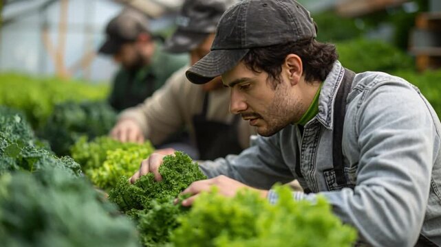 In bright greenhouse, two agricultural farmers carefully tend to lush green lettuce crops, nurturing their growth amidst spring season's promise, upholding sustainable farming and gardening practices