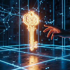 A glowing key and hand on a digital grid background
