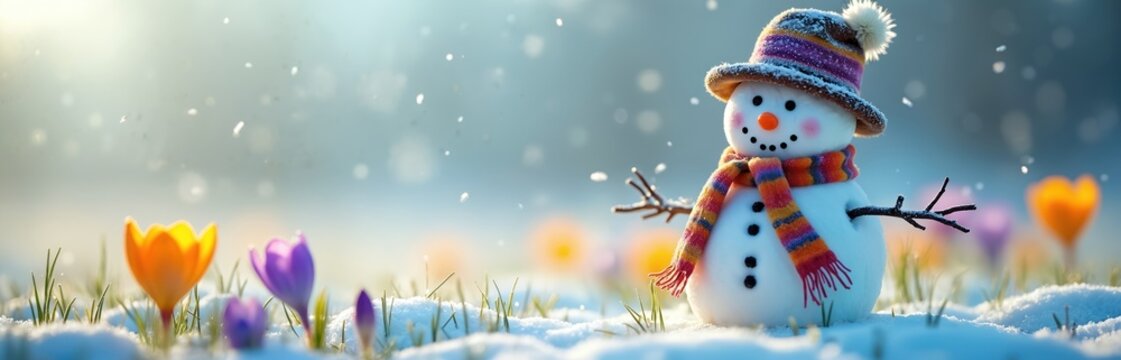 Snowman in spring meadow with crocuses. Snow melts, grass and flowers emerge. Symbolizes end of winter warm spring season arrival. Sunny day outdoor.