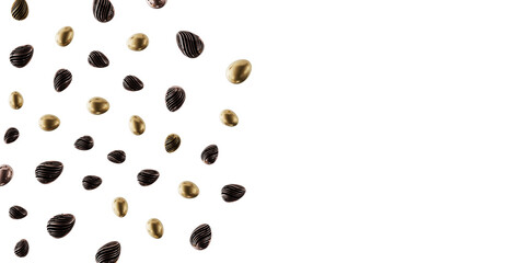 Artistic composition of metallic, textured eggs floating against a clean white backdrop. Perfect for modern design and a