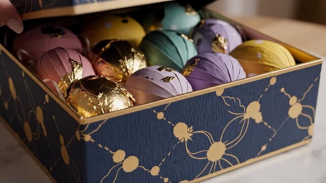 A woman gently holds a decorative box. The decorative box features a navy color with gold patterns, showcasing intricate designs and a stylish appearance.