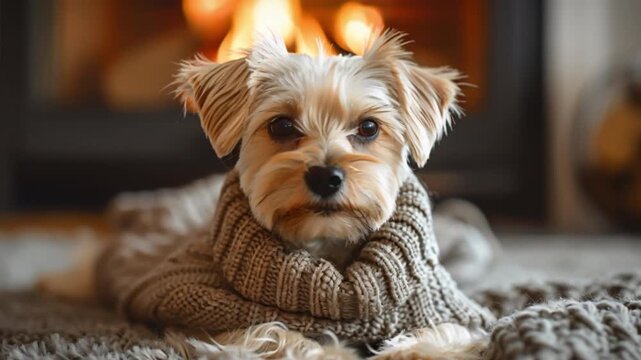 In serene living room, small dog snuggles into its chunky knit sweater, basking in warmth and comfort of crackling fireplace, creating peaceful, inviting atmosphere that embodies coziness and warmth
