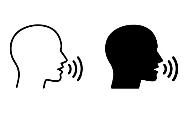 Human speaking head silhouette with sound wave communication symbol, voice interaction and speech concept