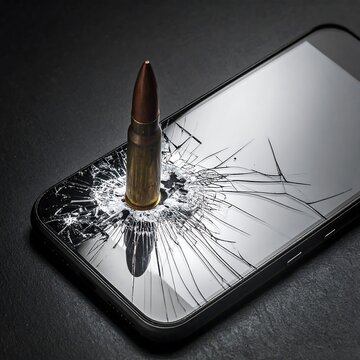 Bullet through phone screen shows impact and damage against dark background
