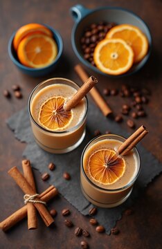 Two carajillo cocktails garnished with dried orange slices, cinnamon sticks sit on dark table. Coffee beans, orange slices are scattered around glasses. This warm drink is perfect for cold weather.