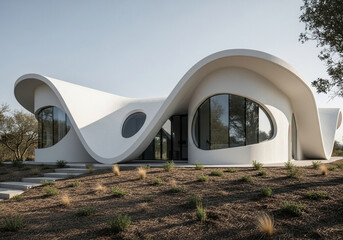 Modern white house with unique wavy roof design and large windows isolated on white background