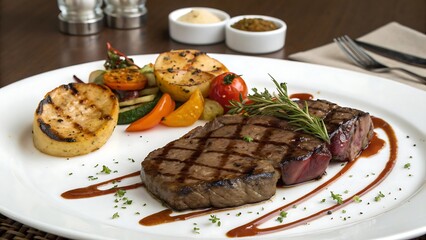 Gourmet grilled steak served with roasted vegetables and rosemary on white porcelain plate